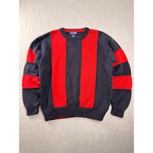 Vtg 90s Mark Alexander Mens Large Cotton Knit Sweater Navy Blue Red Striped